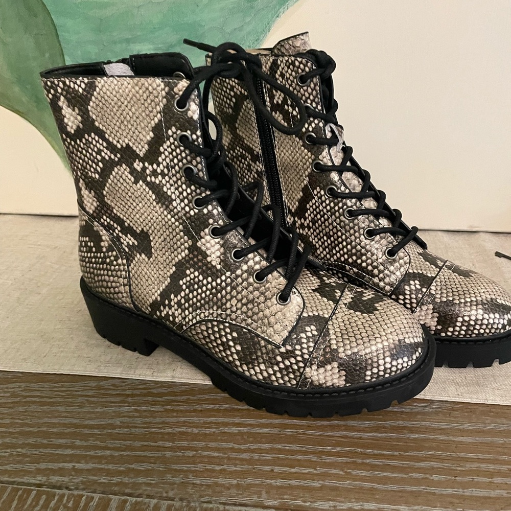 Chelsea and Violet Snakeskin Combat Boots